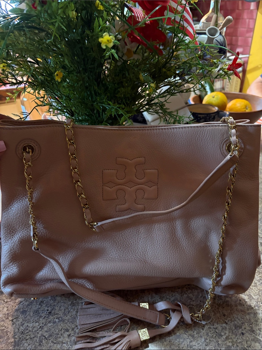 Tory Burch Blush Leather Chain Tote with Tassel